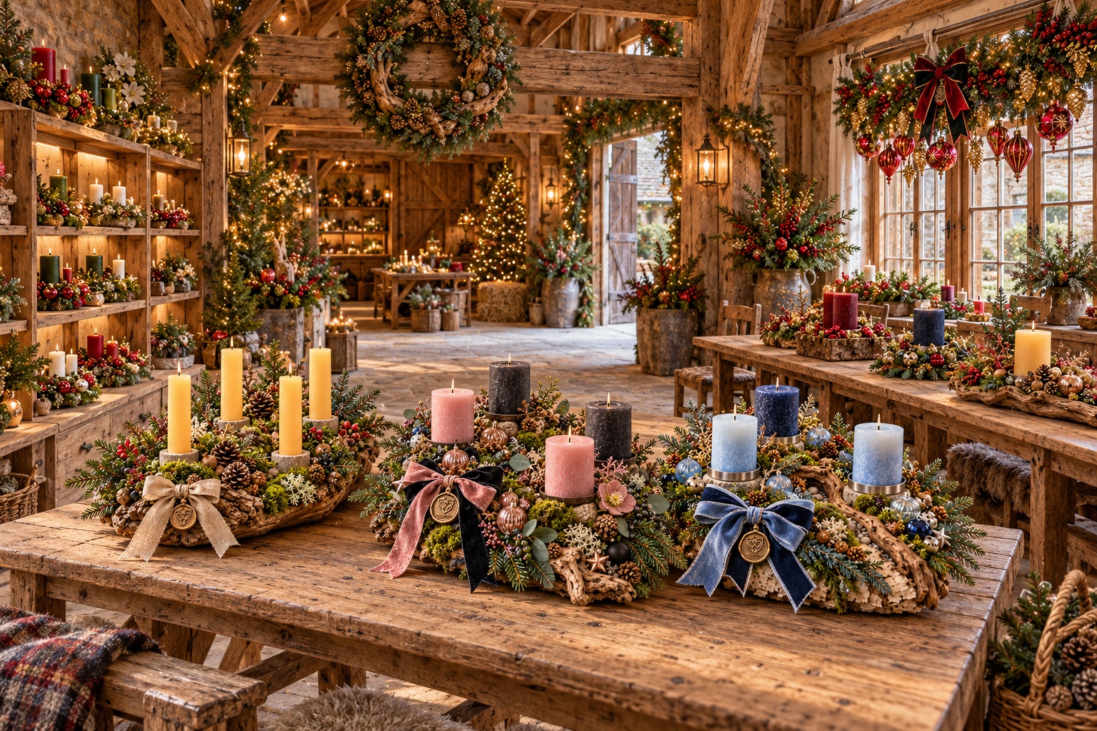 Illustration: weihnachtliche Herzhaus-Scheune mit Werkbänken und Gestecken