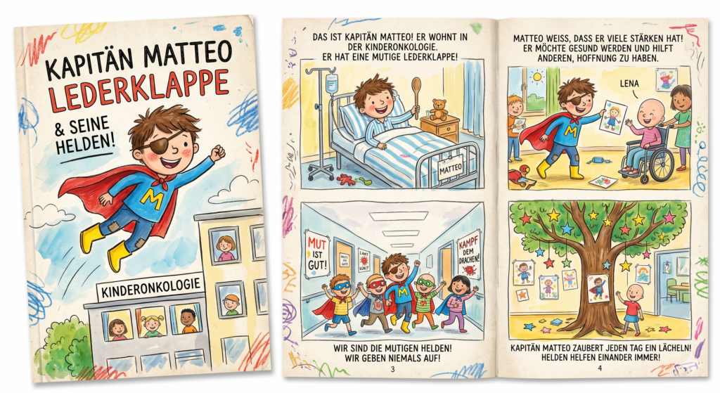 Kapitän Matteo Lederklappe und seine Helden. Eine Geschichte aus der Kinderonkologie über Mut, Hoffnung und Kinder, die einander Kraft schenken.