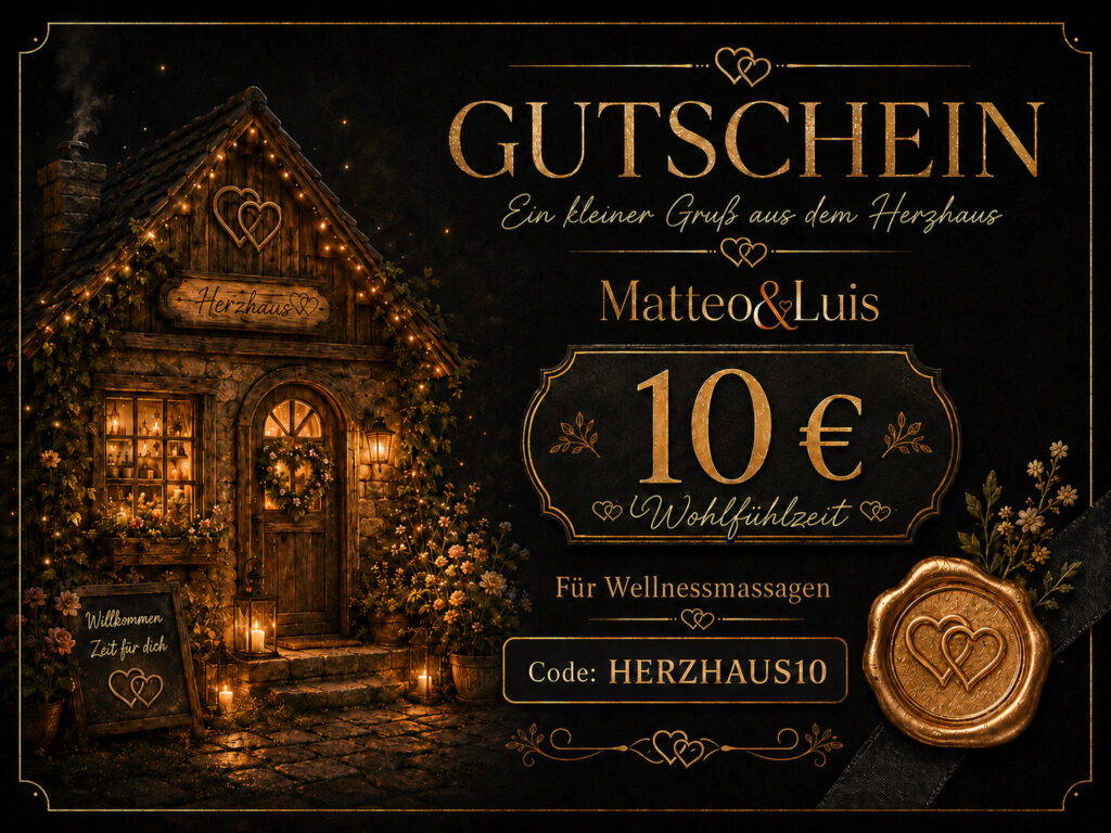 10 € Wellnessgutschein von Matteo&Luis mit Herzhausmotiv und Code HERZHAUS10. Nur für Wellnessmassagen.