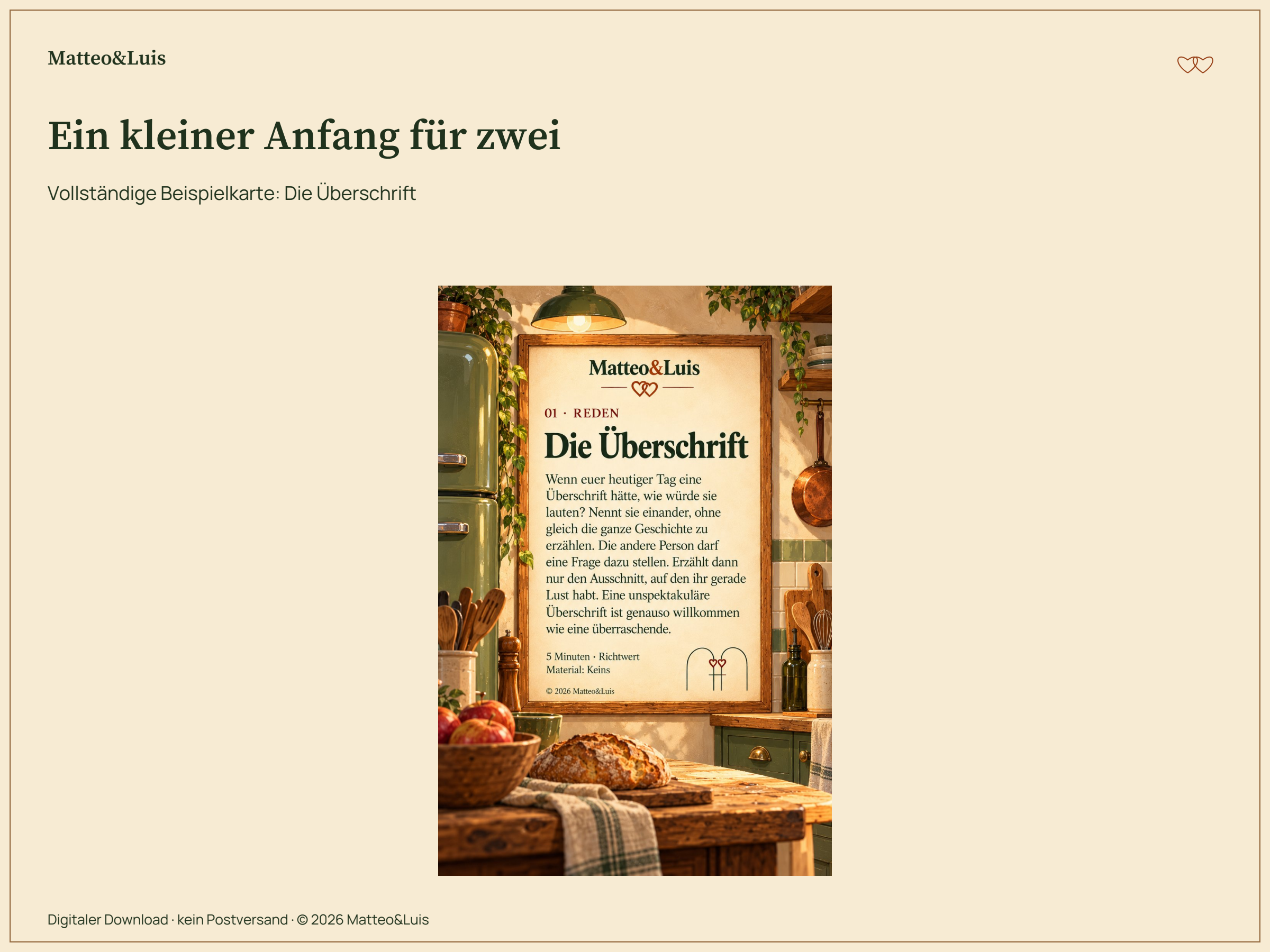Vollständige Beispielkarte Die Überschrift in der Küche des Herzhauses. Digitaler Download. © 2026 Matteo&Luis.