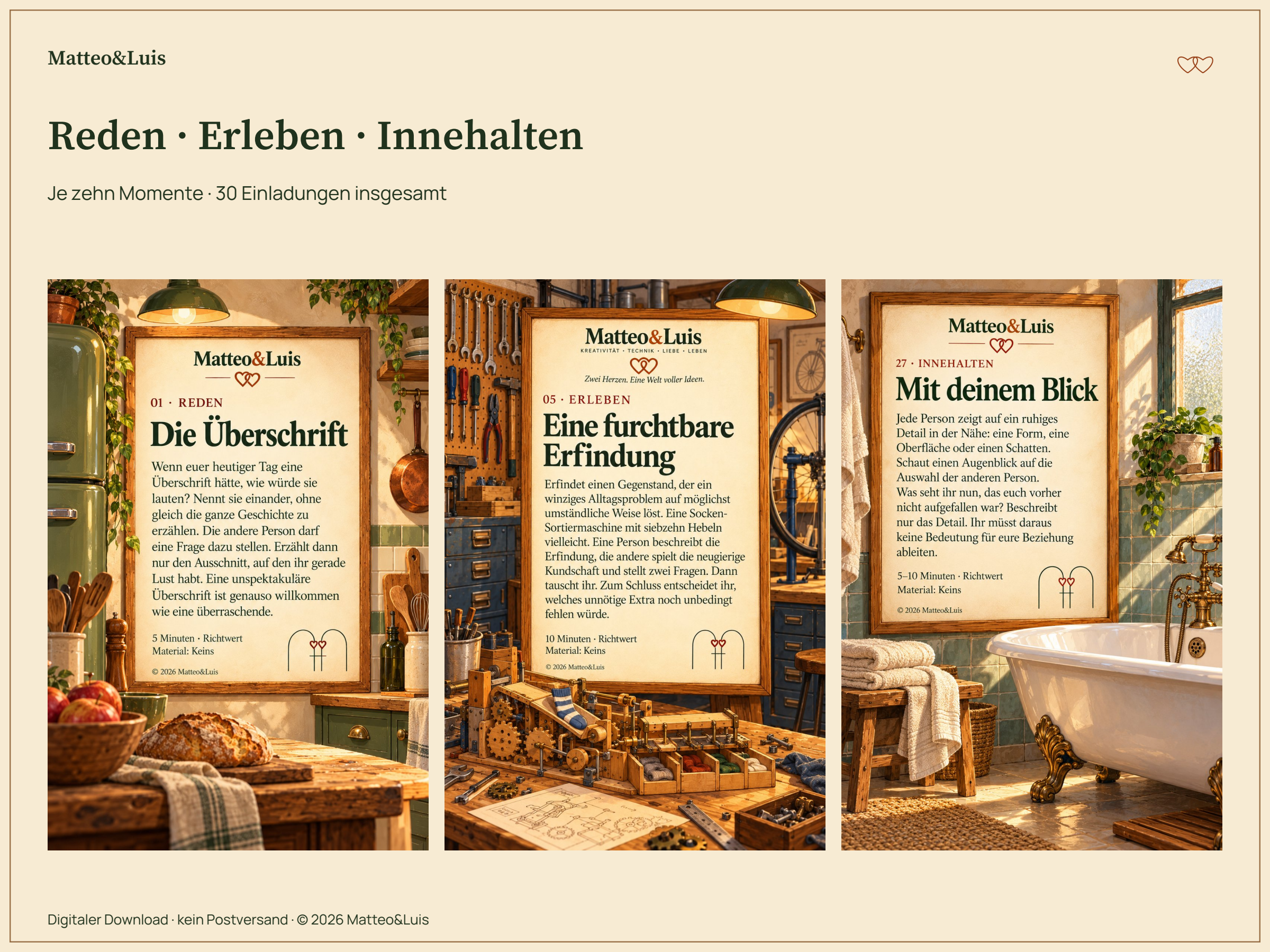Drei Originalkarten zum Reden, Erleben und Innehalten; je zehn Momente pro Kategorie. Digitaler Download. © 2026 Matteo&Luis.