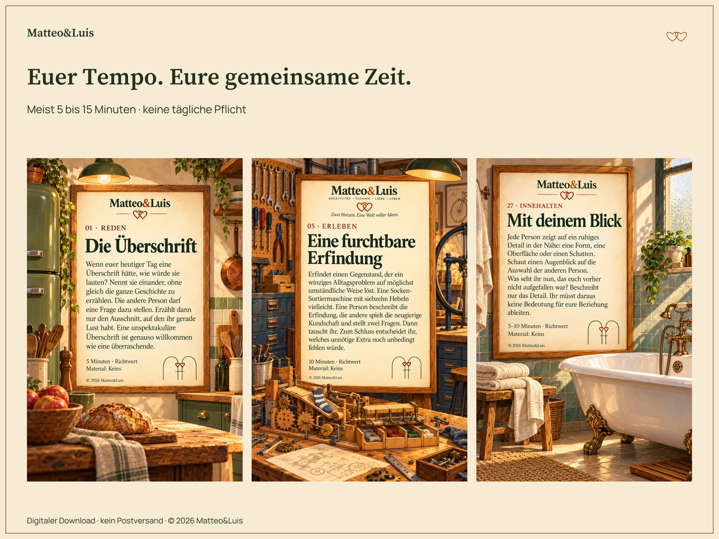 Drei Beispielkarten aus Küche, Werkstatt und Bad mit alter Fußbadewanne. Meist fünf bis fünfzehn Minuten. Digitaler Download. © 2026 Matteo&Luis.