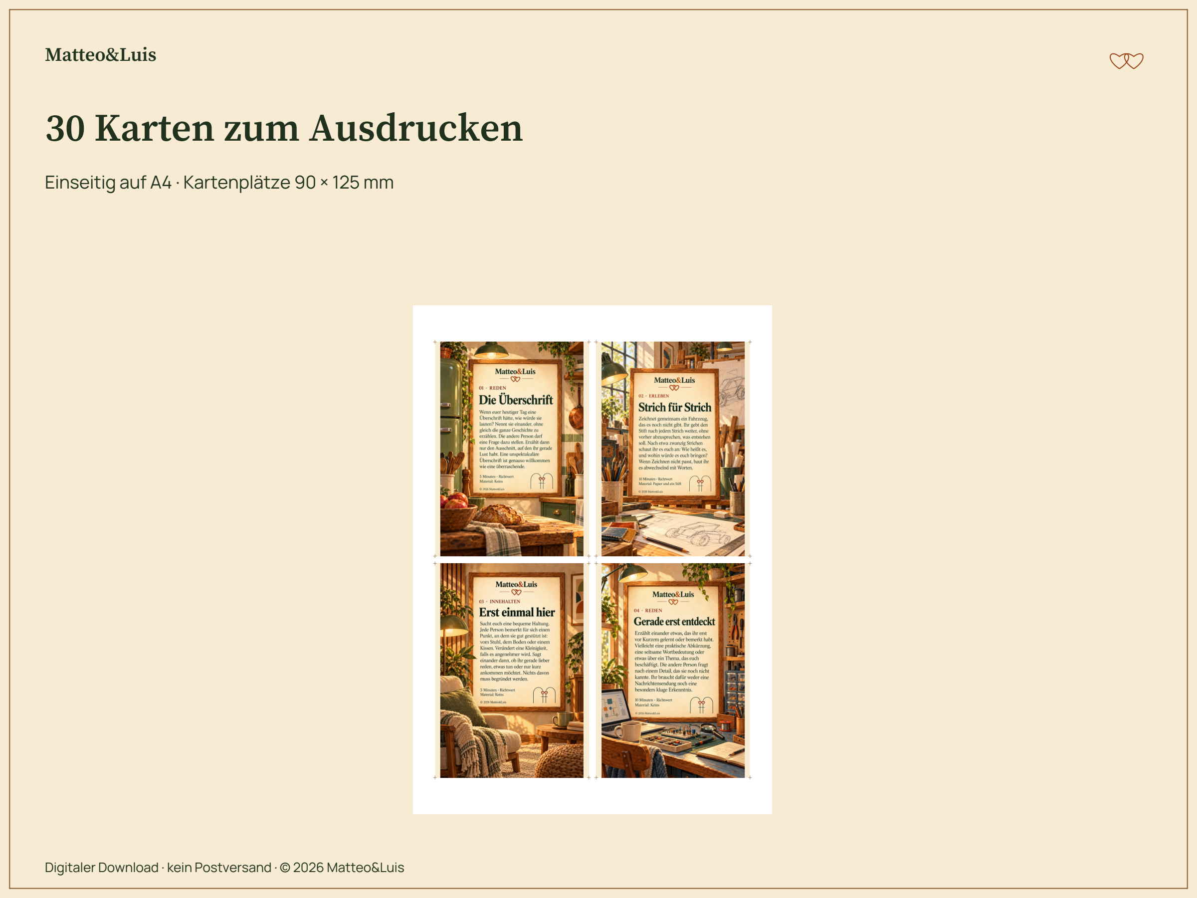 Tatsächlicher A4-Druckbogen mit vier einseitigen illustrierten Karten, Kartenplätze 90 mal 125 Millimeter. Digitaler Download. © 2026 Matteo&Luis.