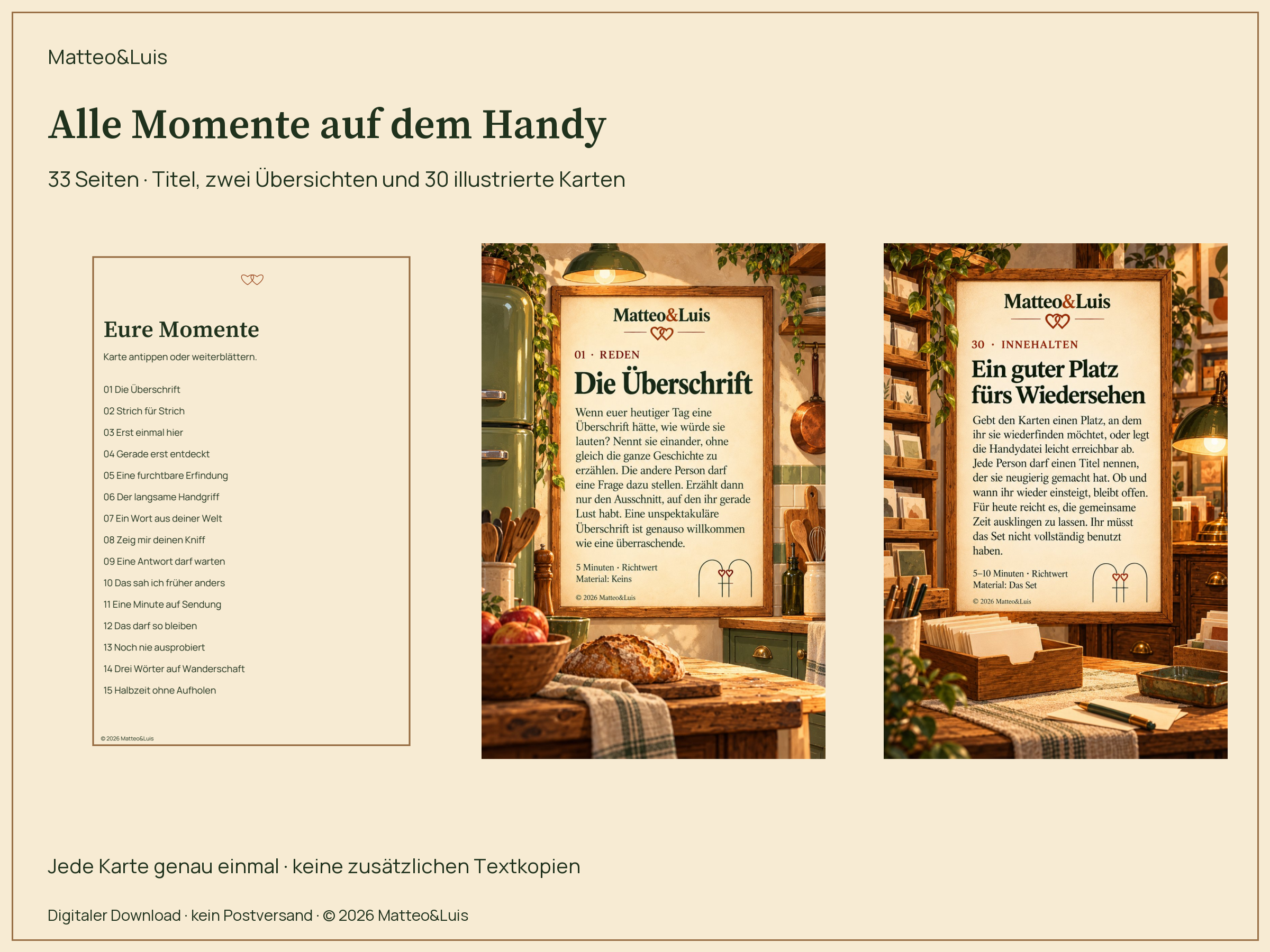Handyfassung mit 33 Seiten: Titel, zwei Übersichten und 30 illustrierte Karten. Jede Karte genau einmal, ohne zusätzliche Textkopien.