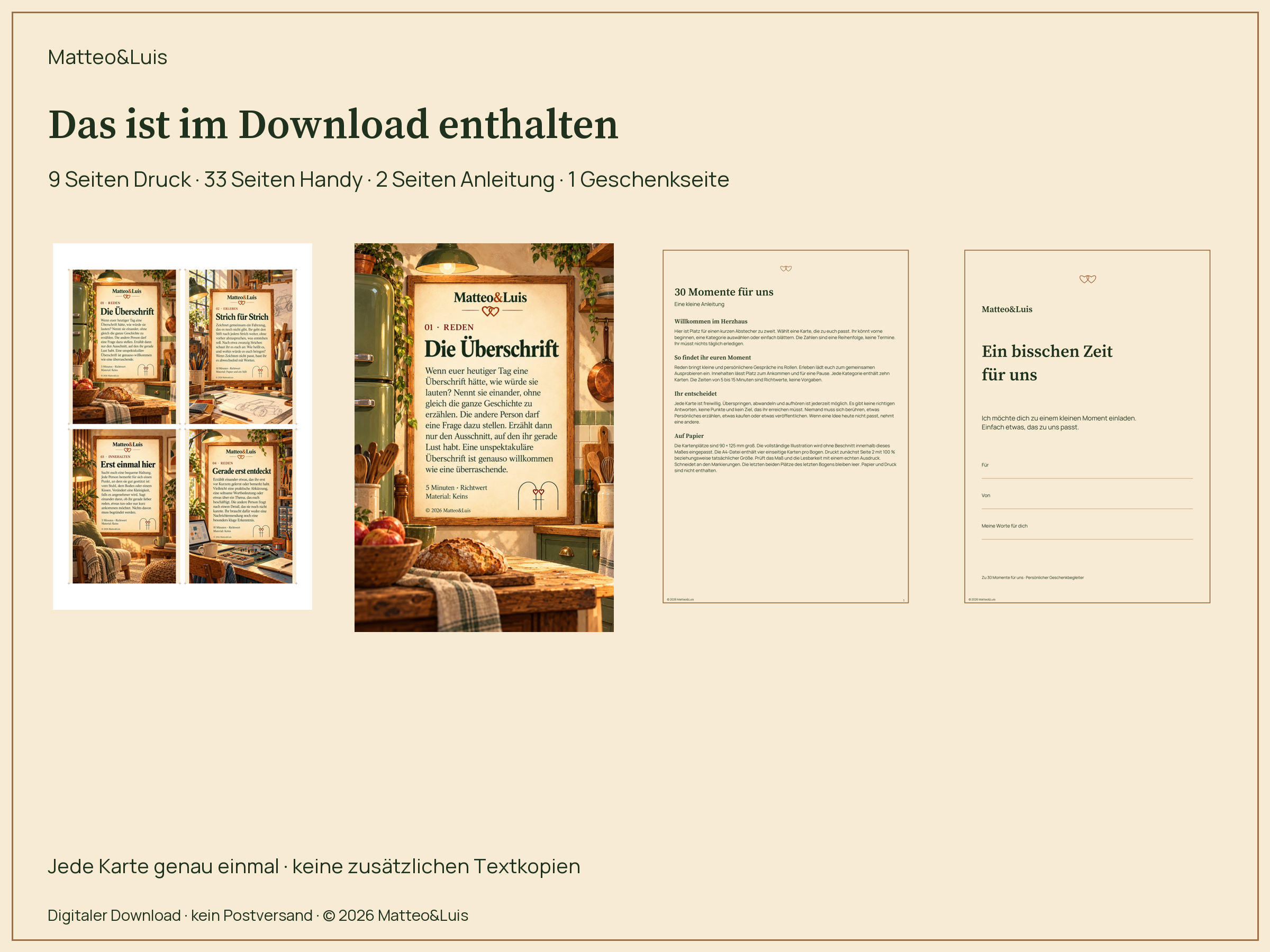 Lieferumfang: Druckdatei 9 Seiten, Handyfassung 33 Seiten, Anleitung 2 Seiten und Geschenkbegleiter 1 Seite. Vier PDFs.