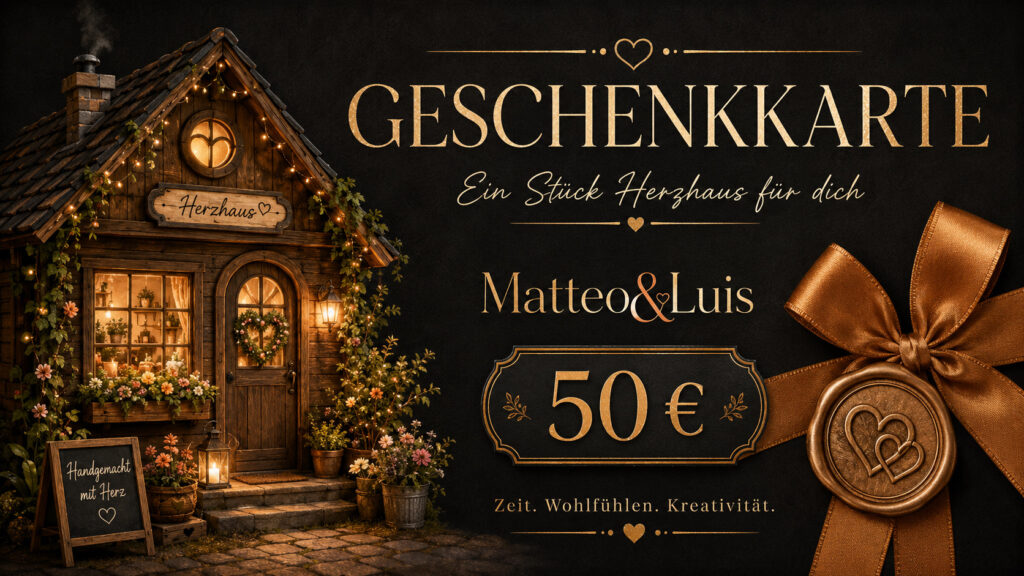Matteo&Luis Geschenkkarte über 50 €: Ein Stück Herzhaus für dich, mit beleuchtetem Herzhaus und goldenem Siegel.