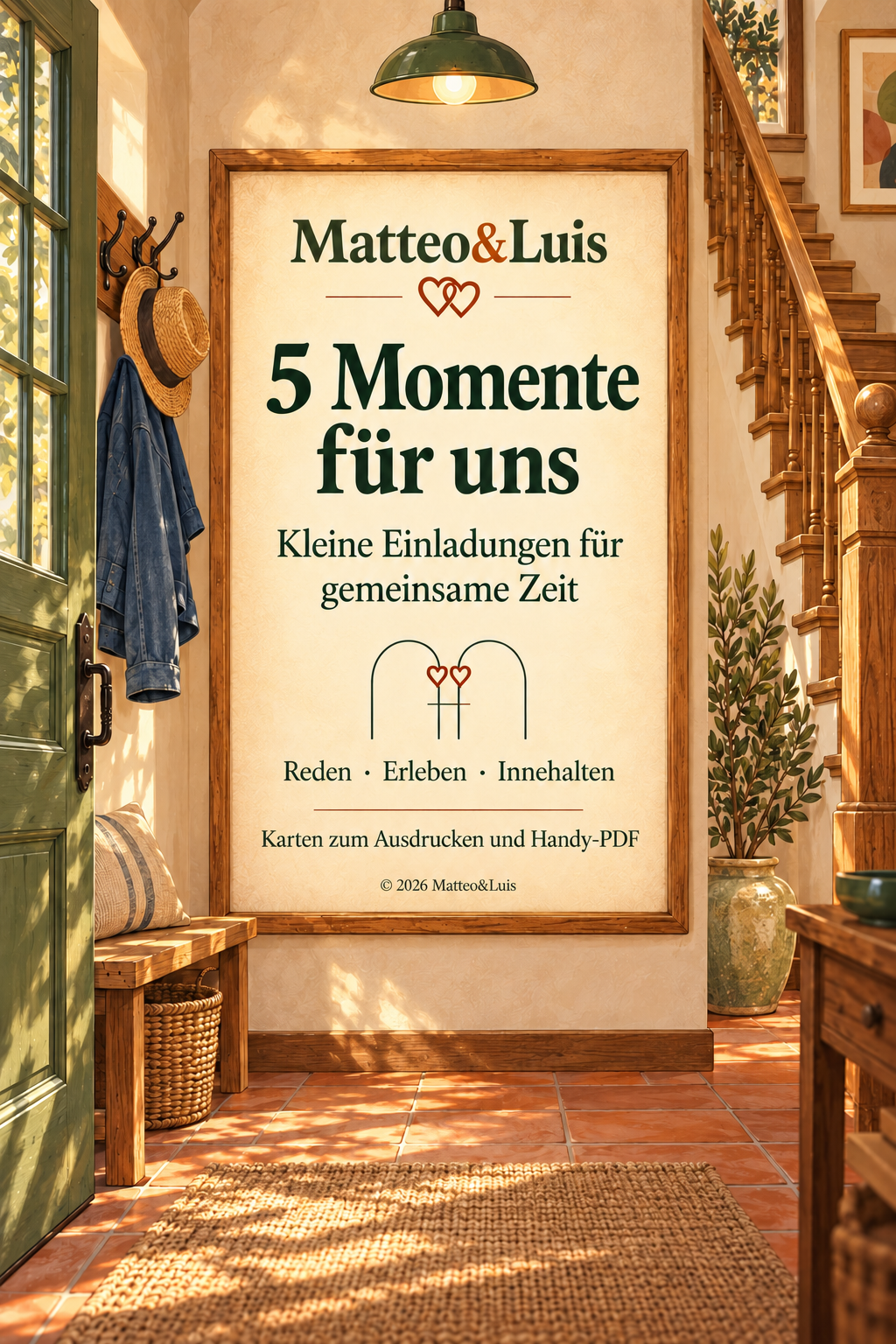 5 Momente für uns: illustrierte Holztafel im Herzhaus von Matteo und Luis mit zwei Herzen
