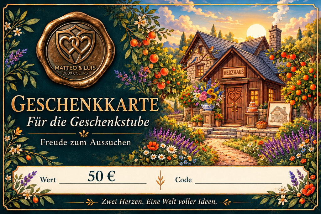 50 € Geschenkkarte für die Geschenkstube von Matteo&Luis mit Herzhaus, petrolfarbenem Hintergrund und goldenem Siegel mit zwei verbundenen Herzen.