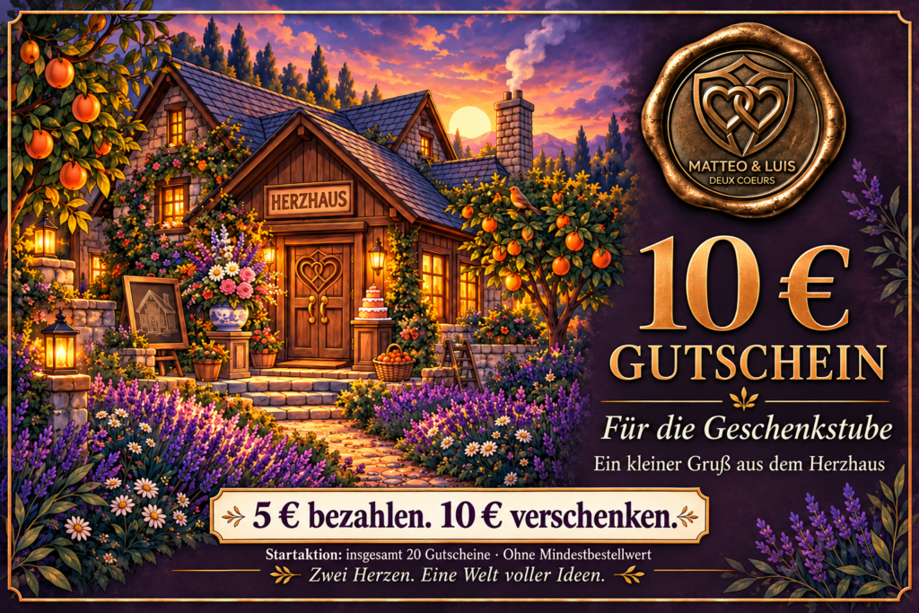 Matteo&Luis Startaktion: 5 € bezahlen, 10 € Guthaben für die Geschenkstube verschenken. Insgesamt 20 Gutscheine, ohne Mindestbestellwert. Herzhaus bei Abendlicht mit goldenem Doppelherz-Siegel.