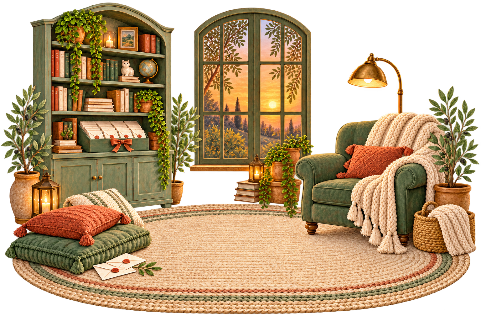 Gemütliche Herzhaus-Ecke mit Bücherregal, Fenster, Lampe und Sessel.