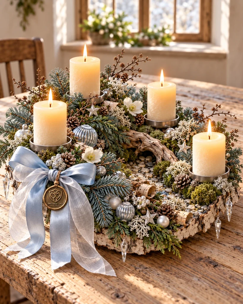 Winterlicht im Herzhaus – Adventsgesteck in Eisblau und Silber