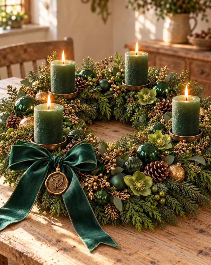 Waldgrün im Herzhaus – Adventskranz in Grün und Gold