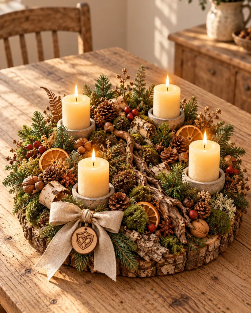 Ein Stück Winterwald – Adventsgesteck mit Naturholz