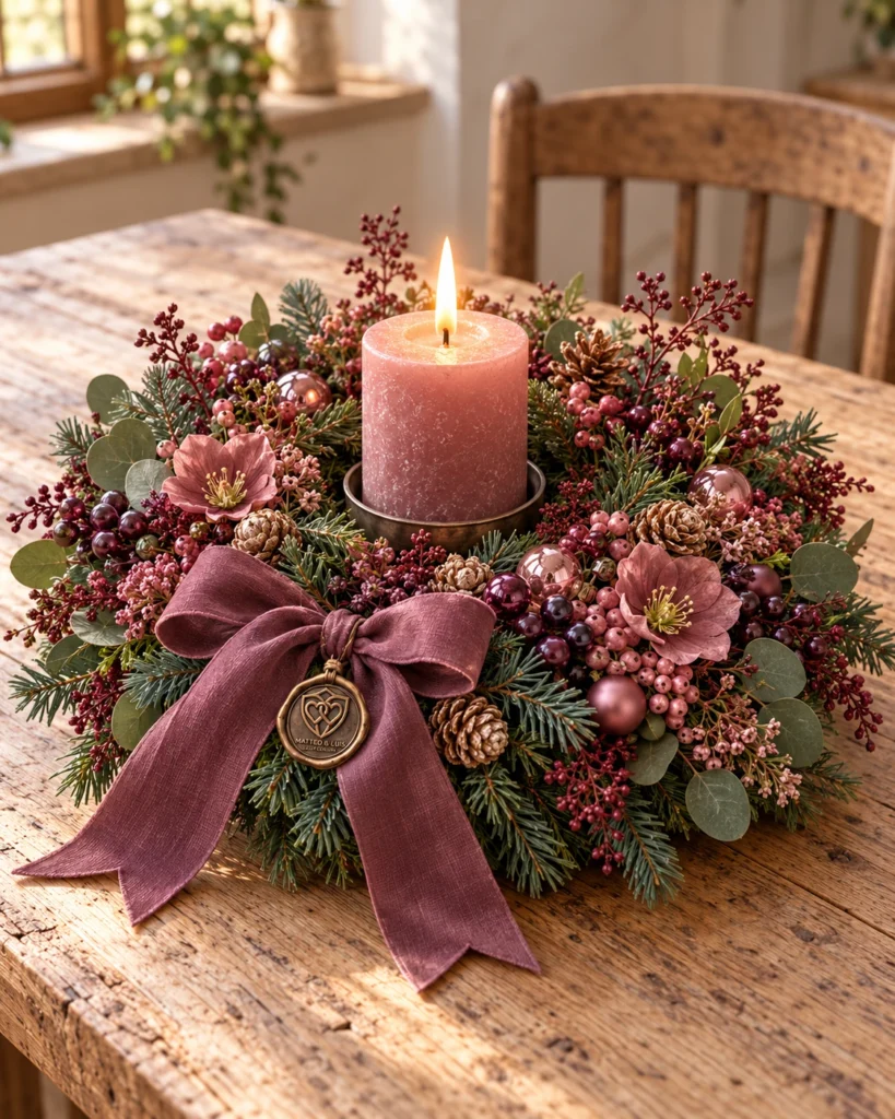 Rosige Adventsmomente – Kerzengesteck in Rosa und Beerentönen