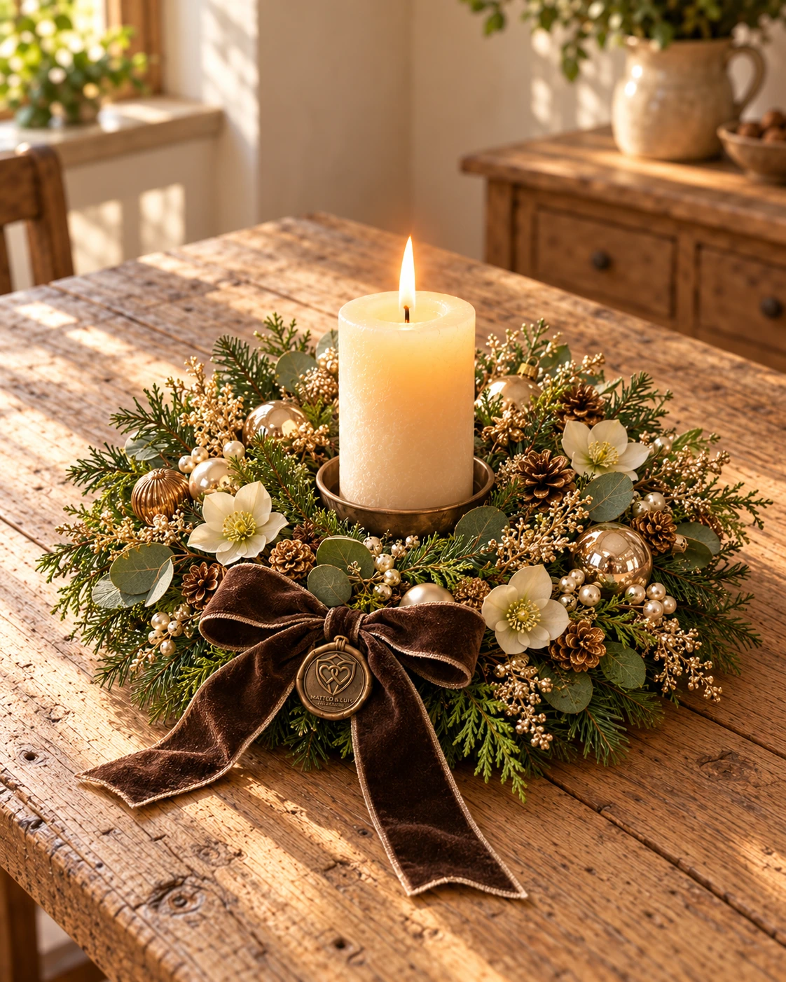 Kerzengesteck Ein warmer Adventsmoment mit cremefarbener Kerze und brauner Schleife