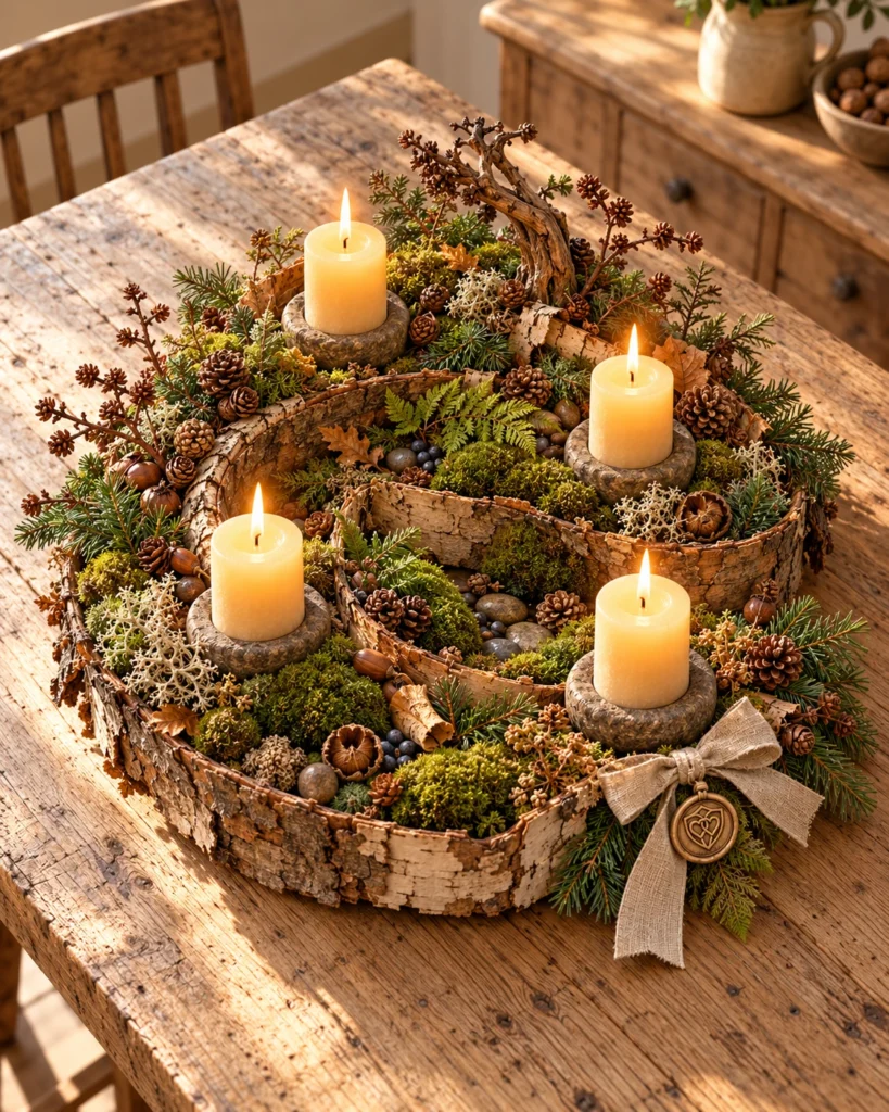 Kleine Waldwege – Adventsgesteck mit Birkenrinde und Moos
