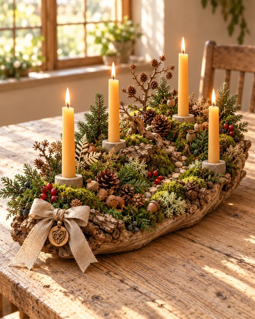 Ein Weg durch den Advent – Naturholz-Gesteck mit vier Stabkerzen