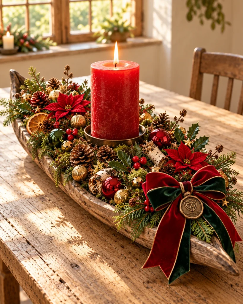 Weihnachten nimmt Platz – Naturholz-Gesteck in Rot und Grün
