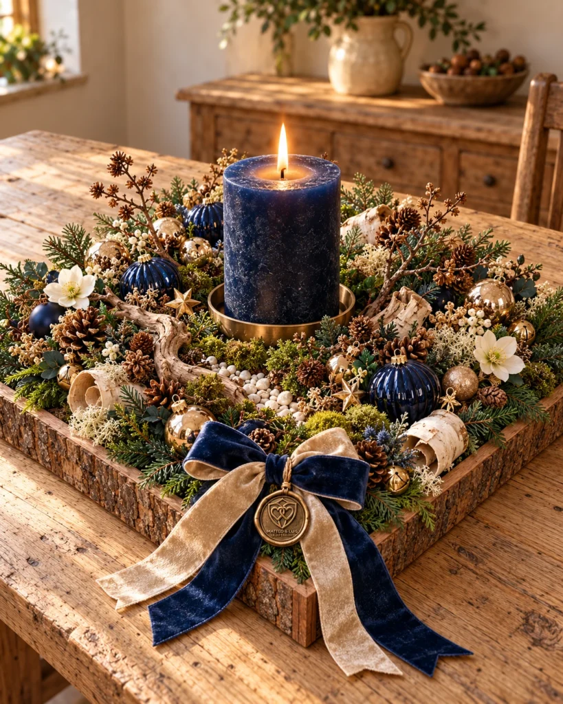 Blaue Winterstunde – Kerzengesteck in Dunkelblau und Champagner