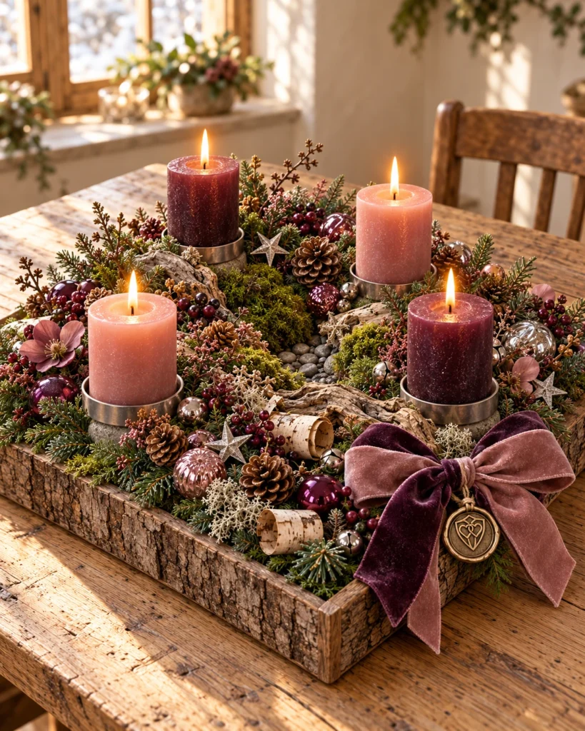 Vier Lichter für gemeinsame Zeit – Adventsgesteck in Rosa und Bordeaux