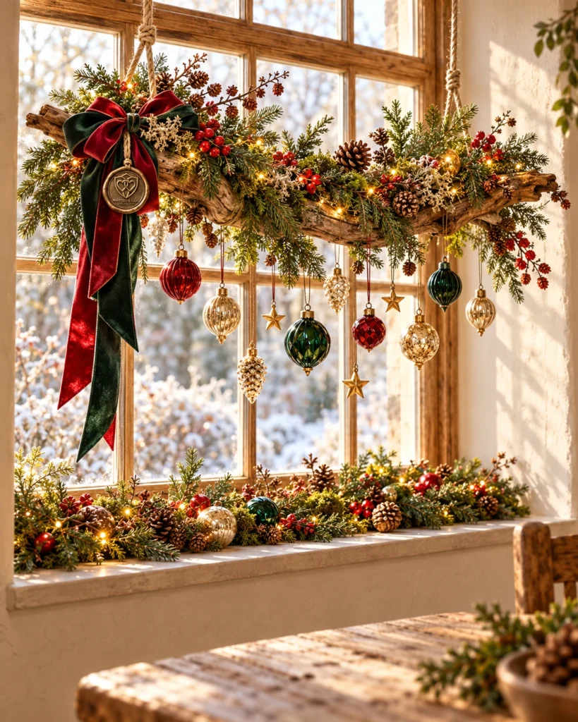 Weihnachten am Fenster – Geschmückter Naturast in Rot, Grün und Gold