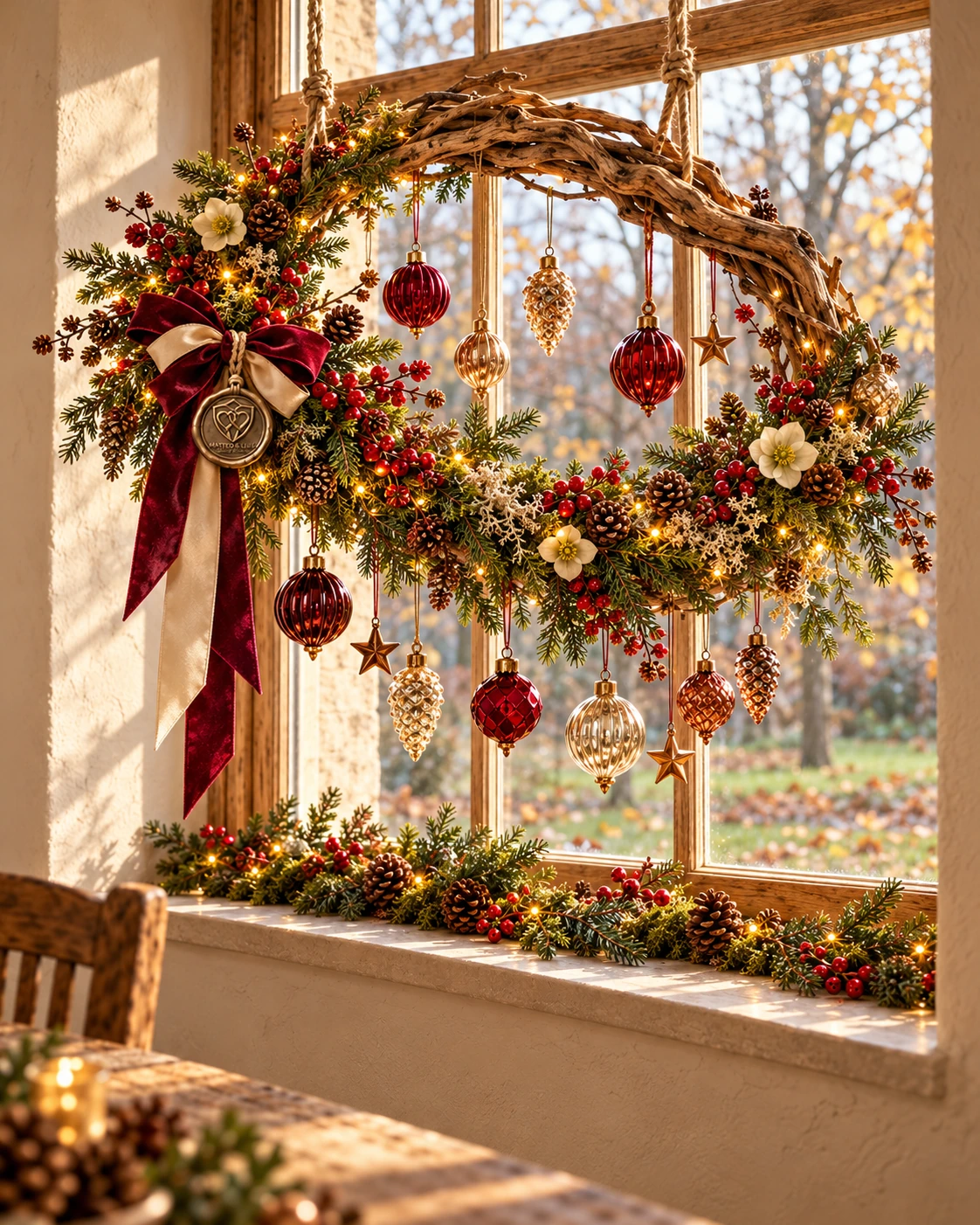 Unser Angebot: Weihnachtlicher Fensterkranz aus Zweigen mit roten und goldenen Anhängern und Samtschleife.
