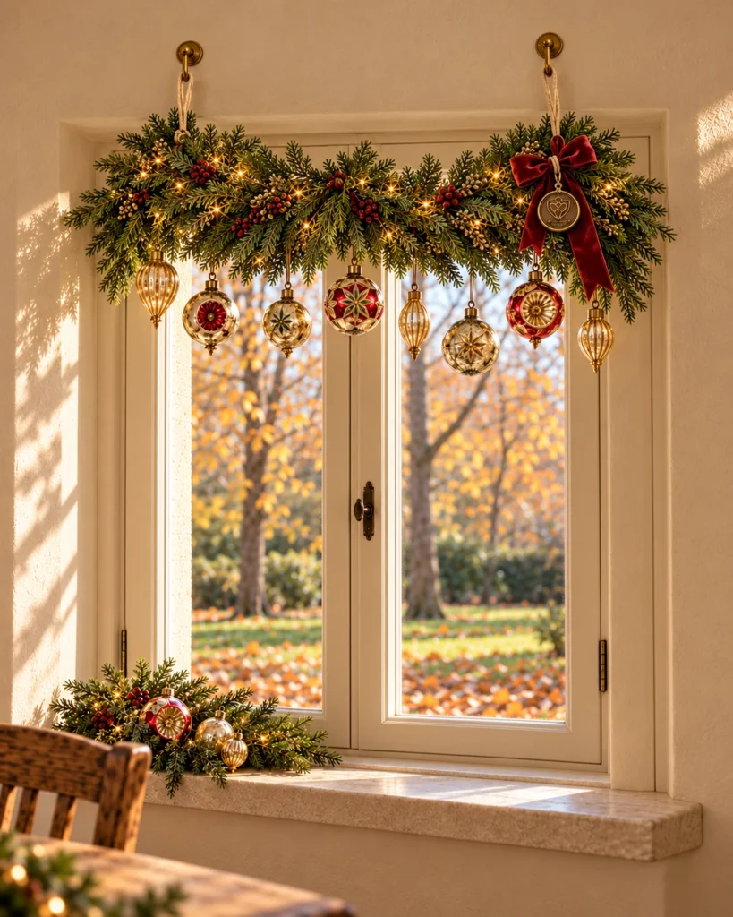 Ein festlicher Fenstergruß – Weihnachtsgirlande in Rot und Gold