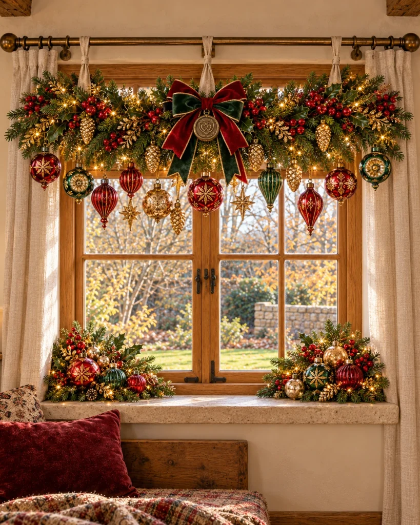 Weihnachtsglanz im Herzhaus – Fenstergirlande in Rot, Grün und Gold