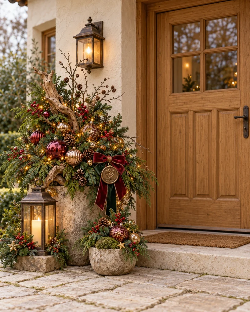 Ein Weihnachtsgruß vor deiner Tür – Eingangsarrangement in Rot, Grün und Gold