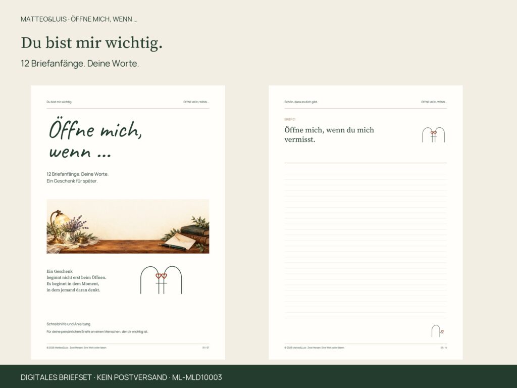 Schreibhilfe und Briefblatt aus Öffne mich, wenn … mit ICH&DU und warmer Schreibplatz-Illustration.