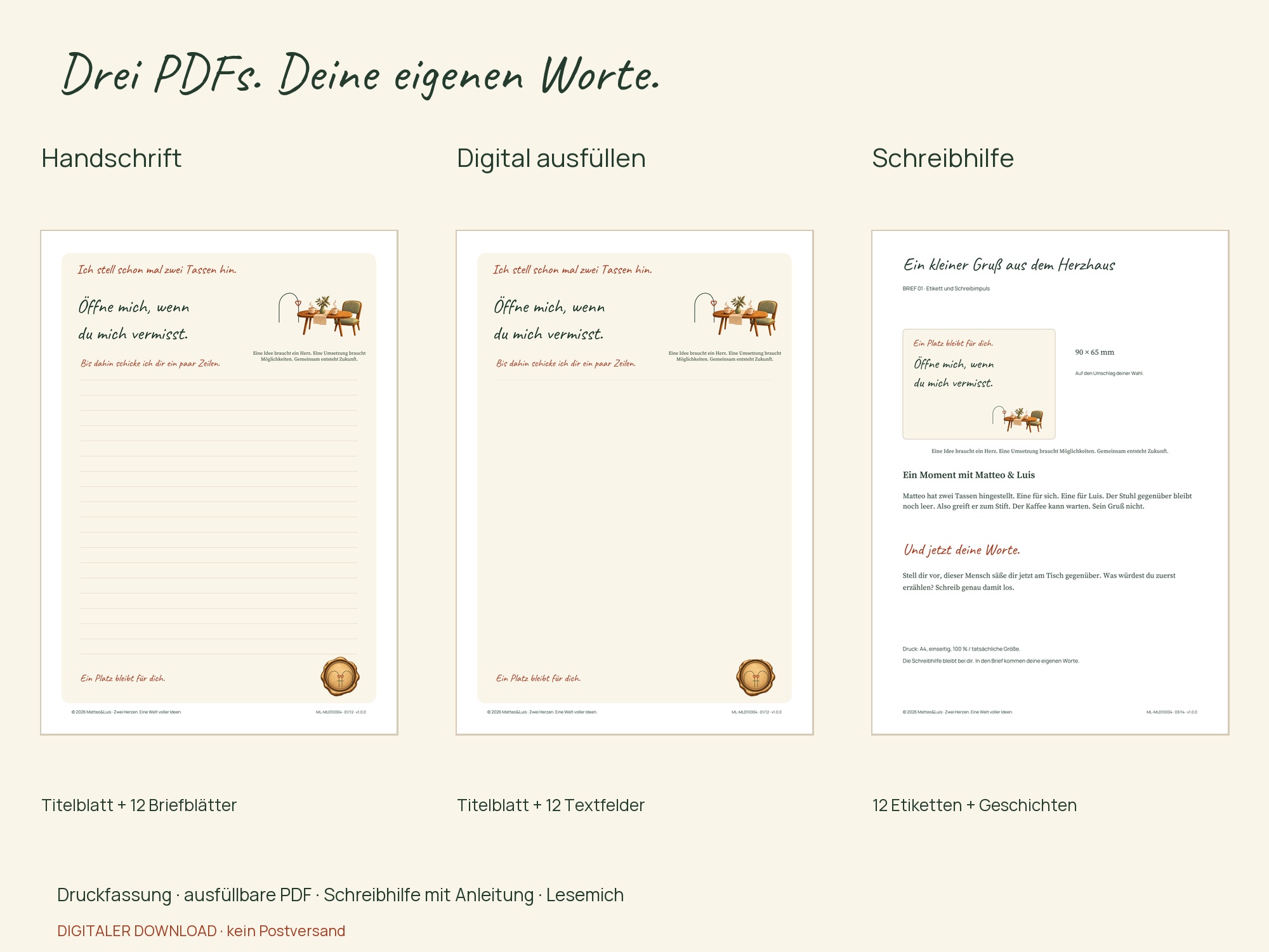 Drei PDF-Fassungen im Vergleich: Handschrift, digitales Textfeld und Schreibhilfe mit Etikett und Herzhaus-Geschichte.