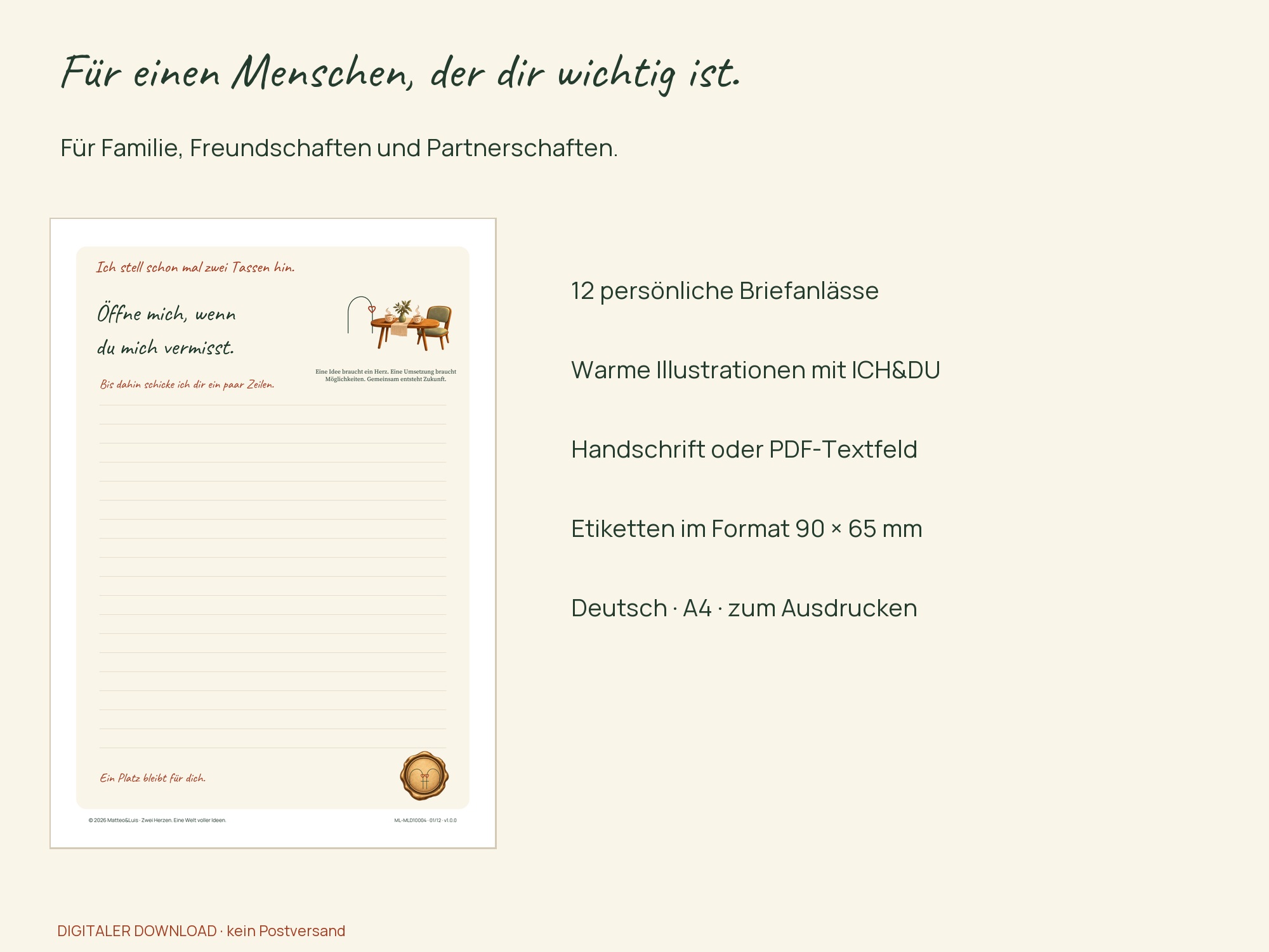 Briefblatt Wenn du mich vermisst mit ICH&DU, zwei Tassen und freiem Platz; Übersicht der Eigenschaften des Briefsets.