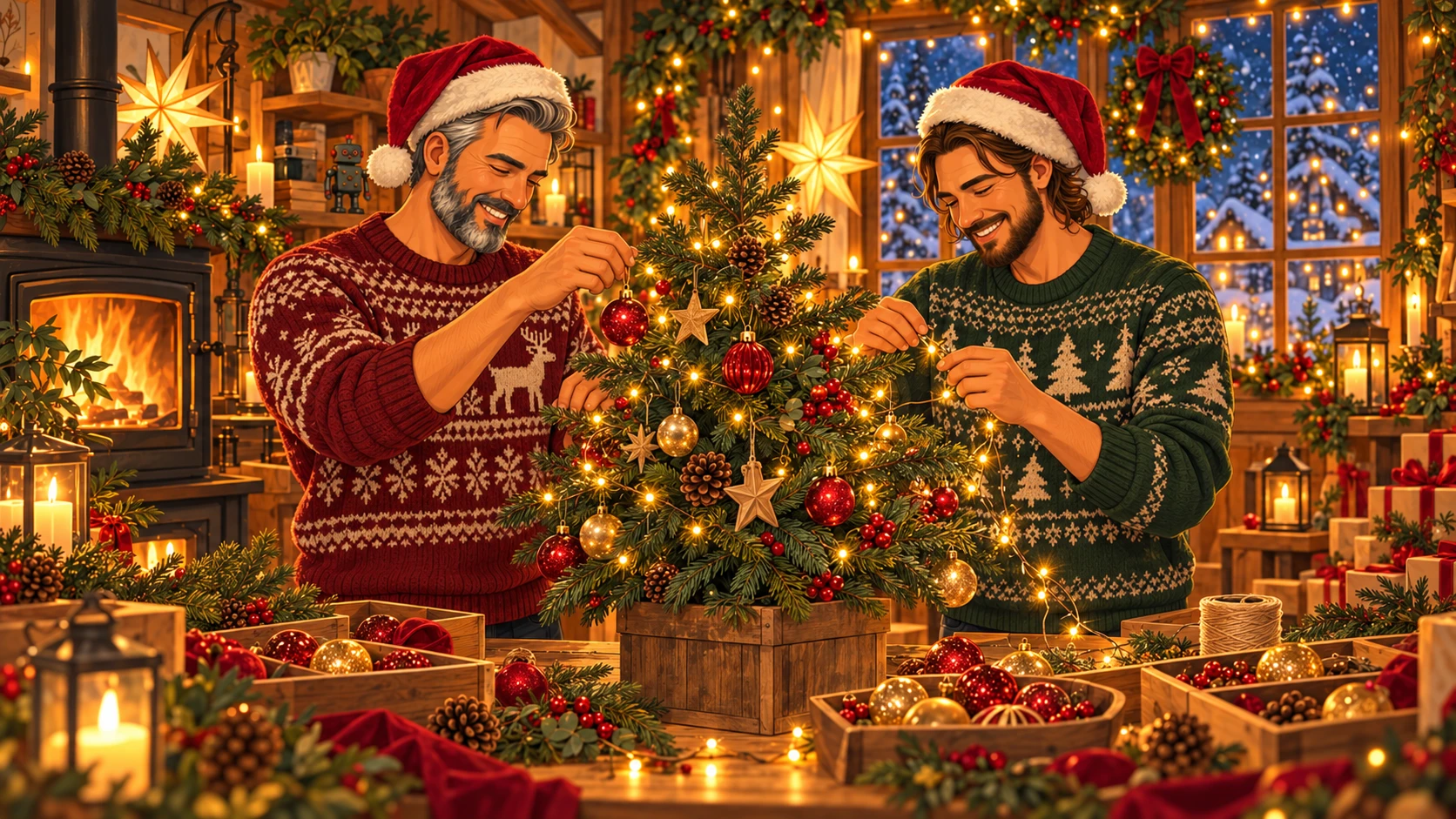 Matteo und Luis schmücken mit Weihnachtspullovern und Nikolausmützen einen kleinen Weihnachtsbaum.