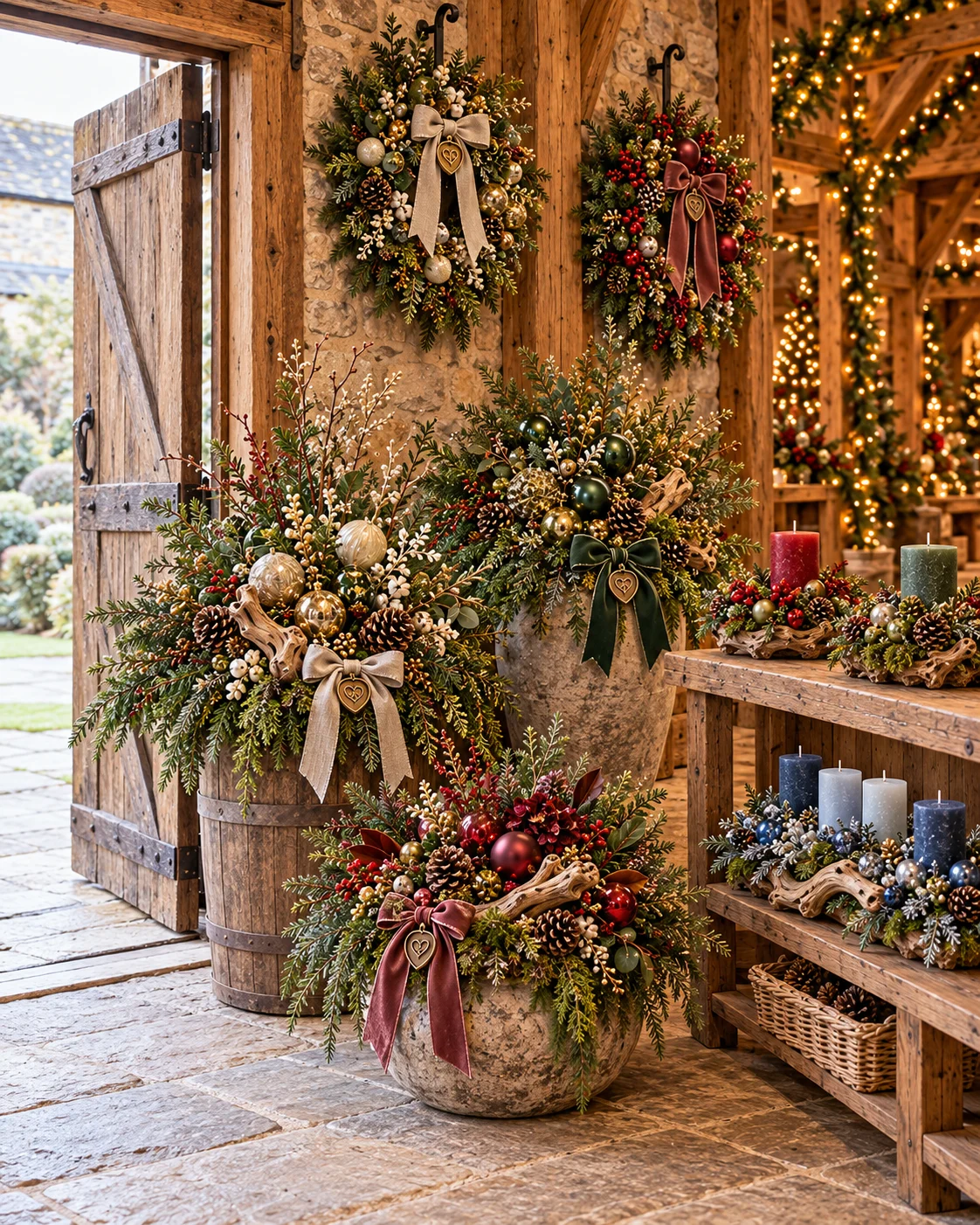 Unser Angebot: Weihnachtliche Kränze und Gestecke mit Schleifen in Naturtönen, Grün und Bordeaux.