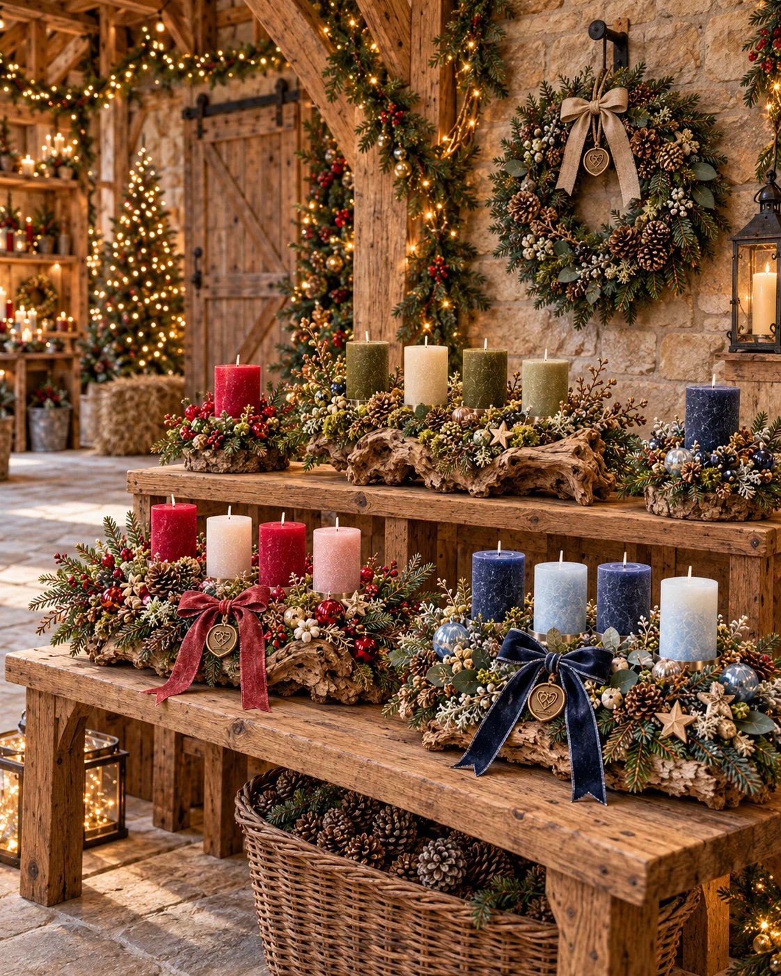Unser Angebot: Adventsgestecke mit farbigen Kerzen, Naturholz und Samtschleifen.