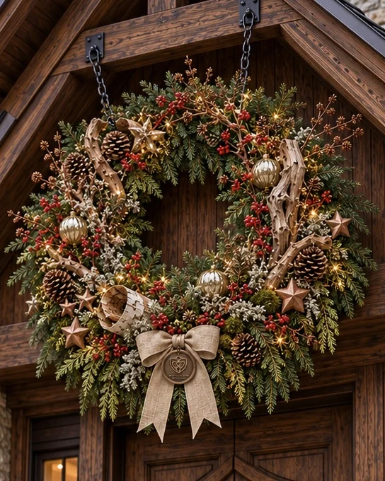 Unser Angebot: Weihnachtskranz mit Zapfen, Naturholz und heller Schleife.