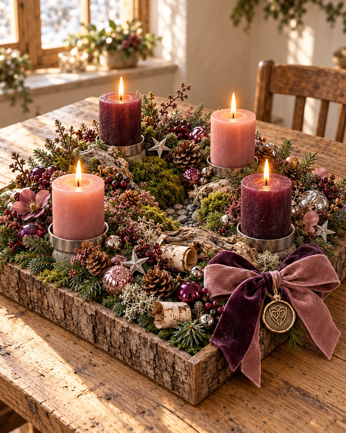 Unser Angebot: Adventsgesteck mit rosa und bordeauxfarbenen Kerzen in einer Rindenschale.