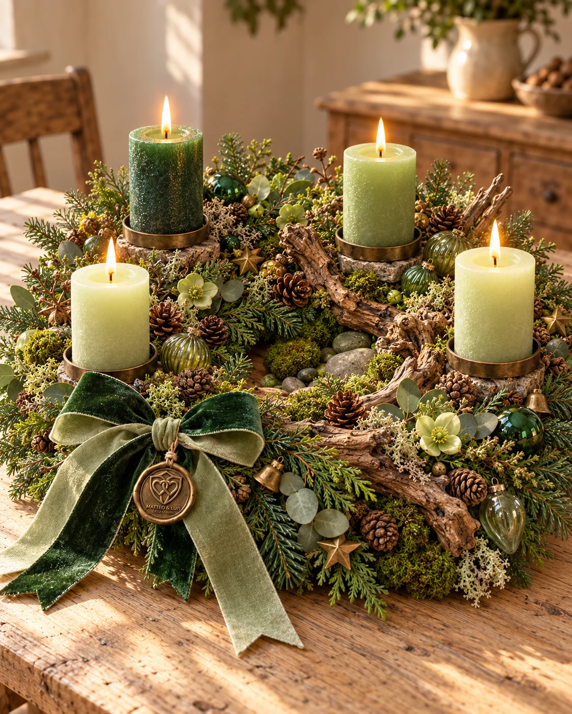 Unser Angebot: Adventsgesteck mit vier grünen Kerzen, Moos und Naturholz.
