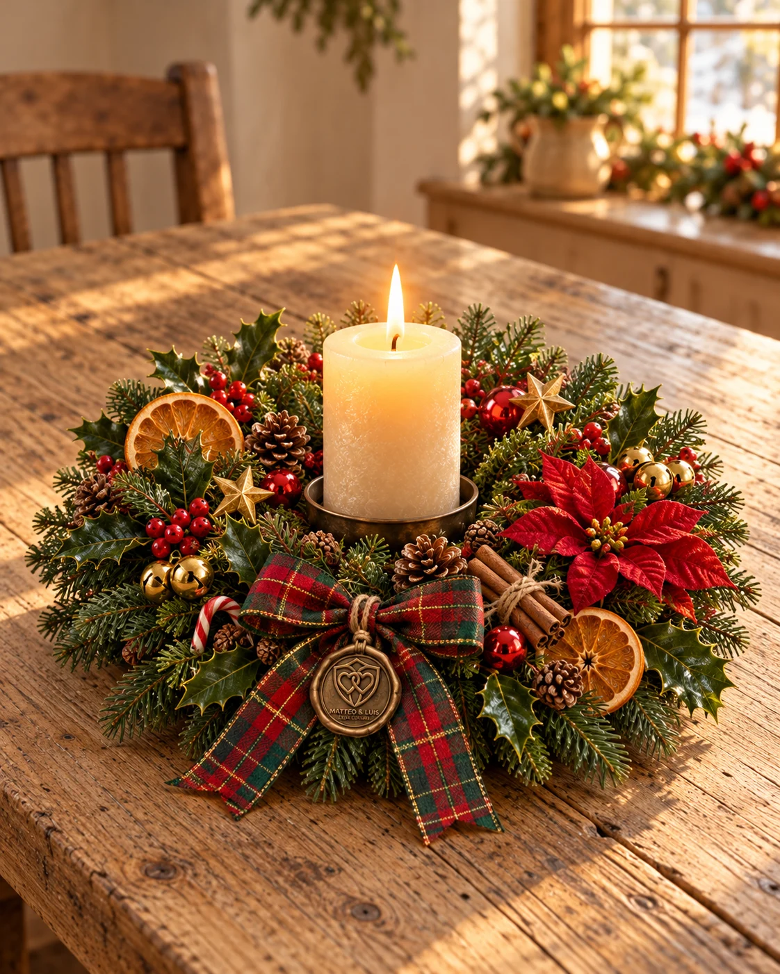 Unser Angebot: Kleines Weihnachtsgesteck mit heller Kerze, kariertem Band und Orangenscheiben.