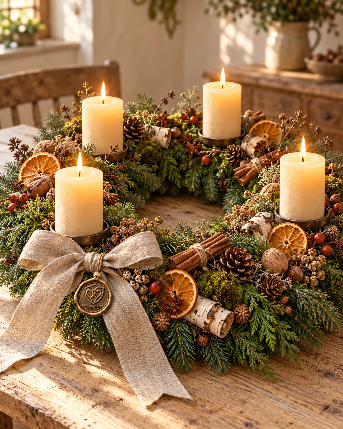 Unser Angebot: Adventskranz mit hellen Kerzen, Zimtstangen, Orangenscheiben und Leinenband.