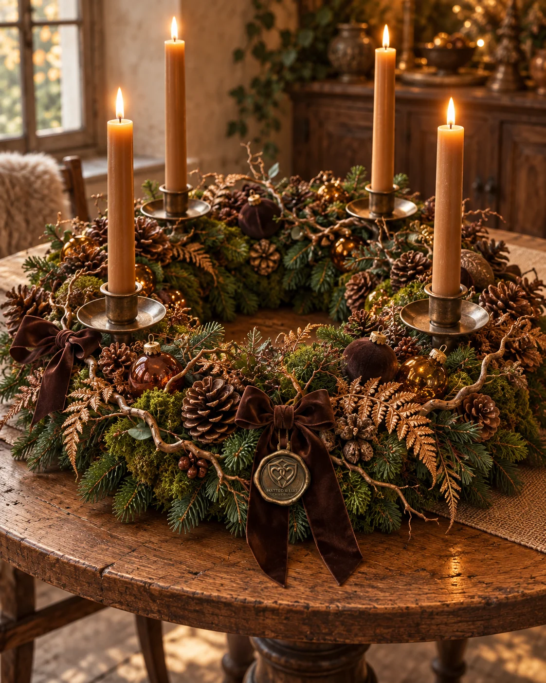 Unser Angebot: Adventskranz in warmen Brauntönen mit vier schlanken Kerzen.