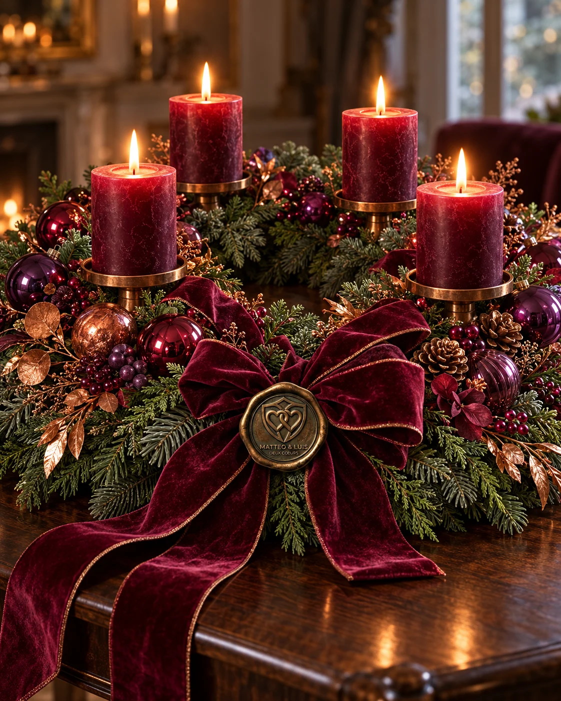 Unser Angebot: Adventskranz mit bordeauxfarbenen Kerzen und Samtschleife.