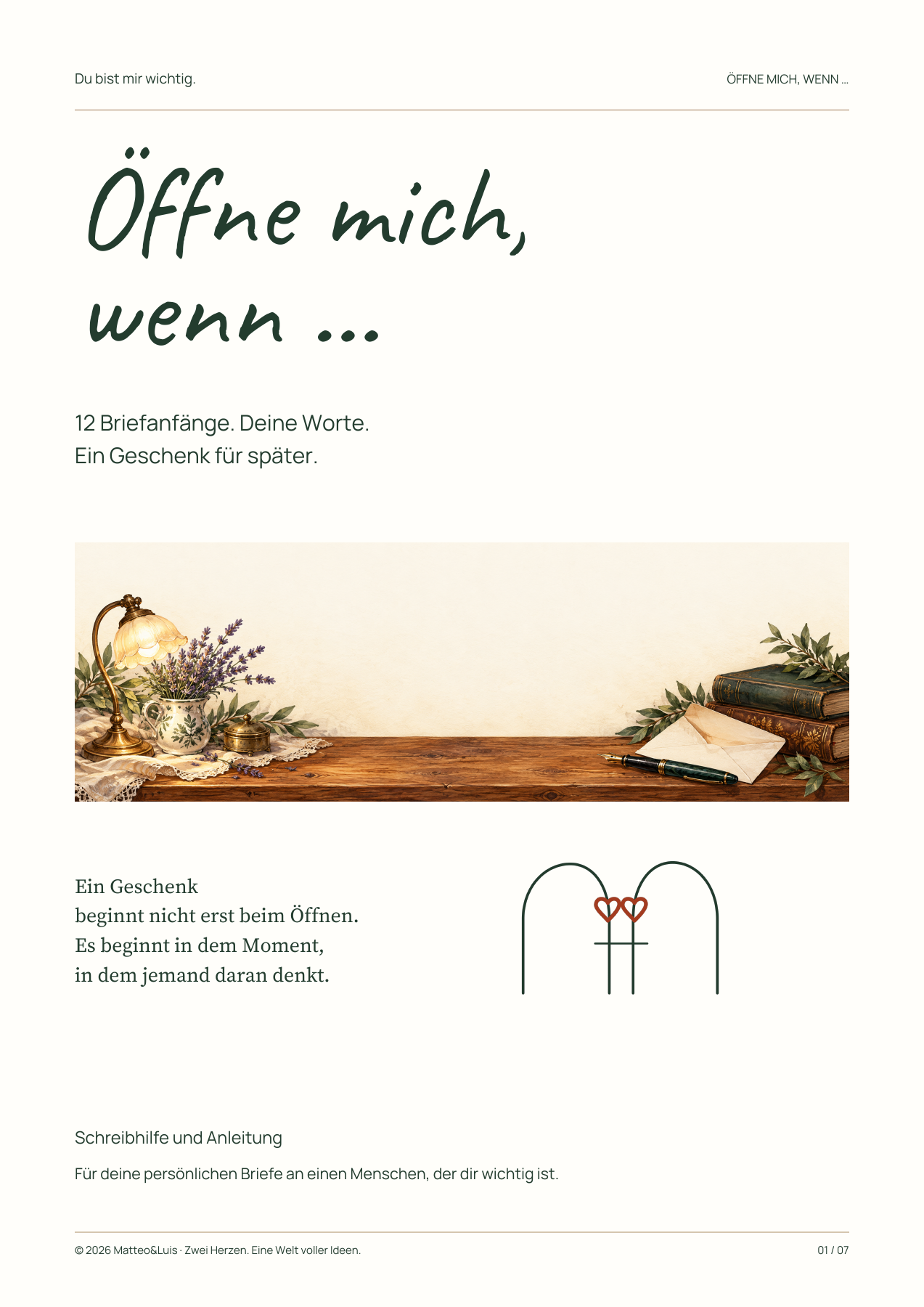 Originales Titelblatt des Briefsets Öffne mich, wenn mit Schreibplatz-Illustration und ICH&DU