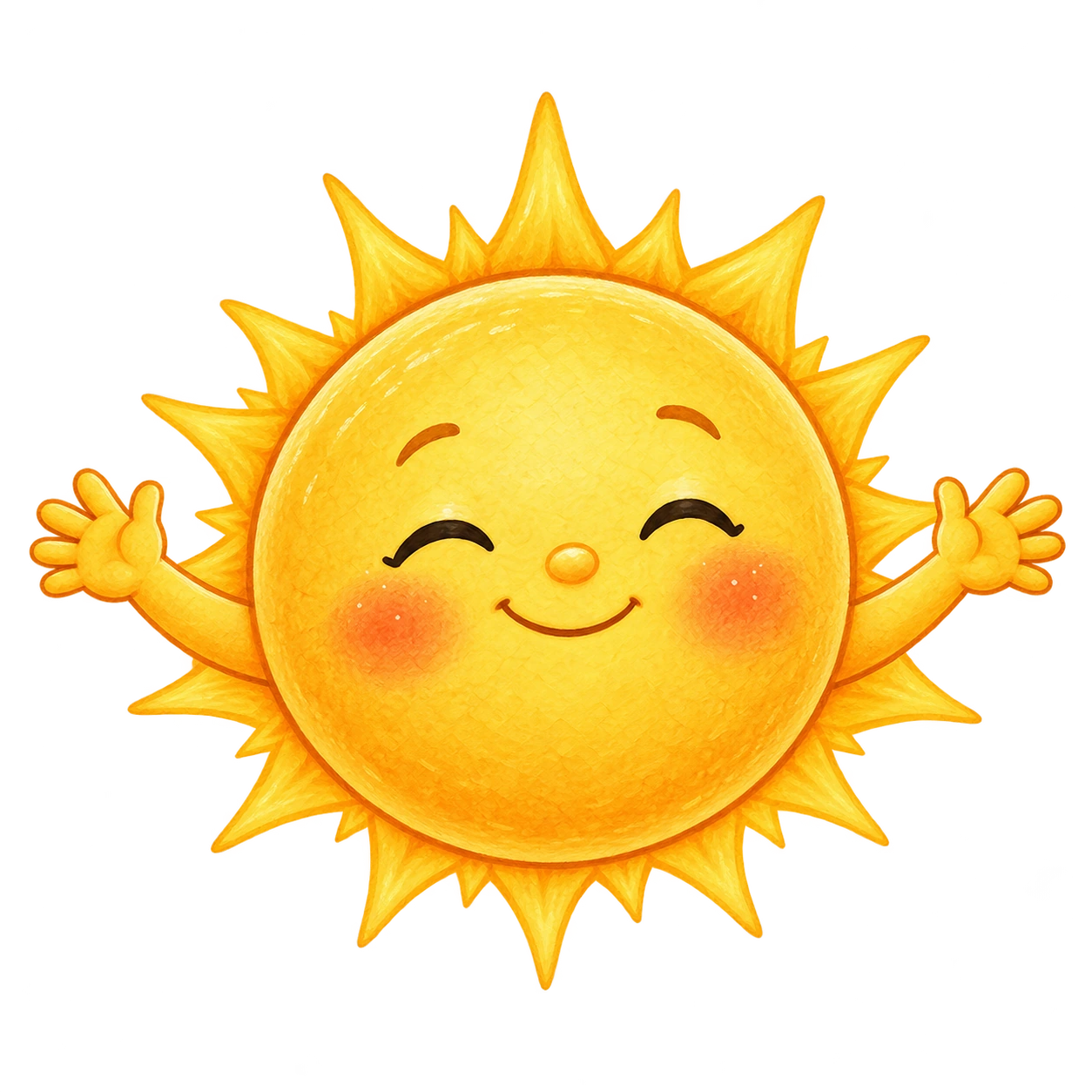 Sunny, die lachende gemalte Sonne aus unserem Bilderbuch, mit ausgebreiteten Armen