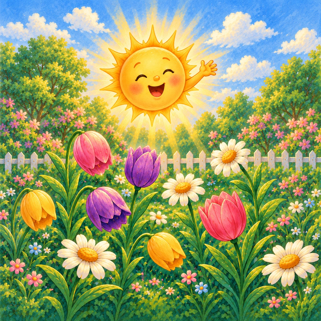 Die Originalillustration aus Kapitel 2: Sunny wärmt einen Garten mit rosa, violetten und gelben Tulpen und weißen Gänseblümchen