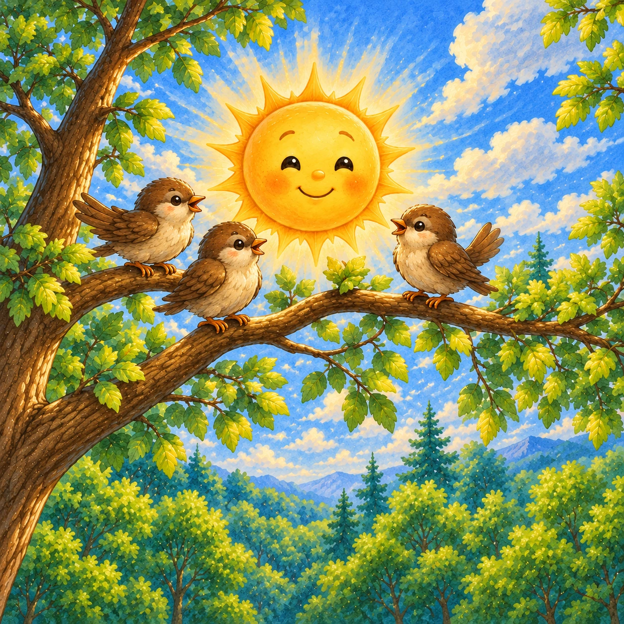 Die Originalillustration aus Kapitel 3: Drei kleine braune Spatzen sitzen auf einem Ast, während Sunny zwischen den grünen Blättern leuchtet