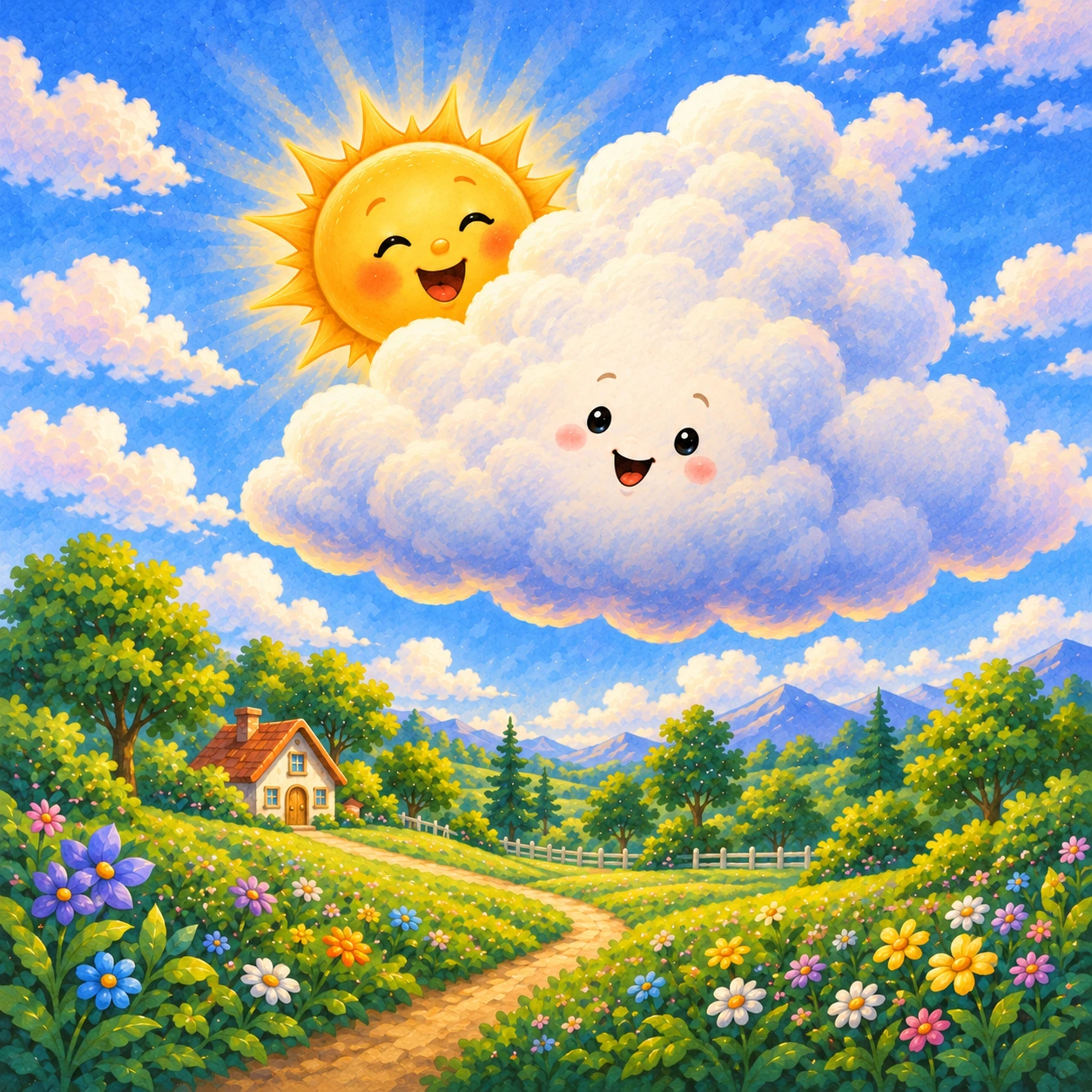 Originalillustration aus Kapitel 4: Der freundliche Wolkencharakter mit Gesicht und Sunny hinter ihm