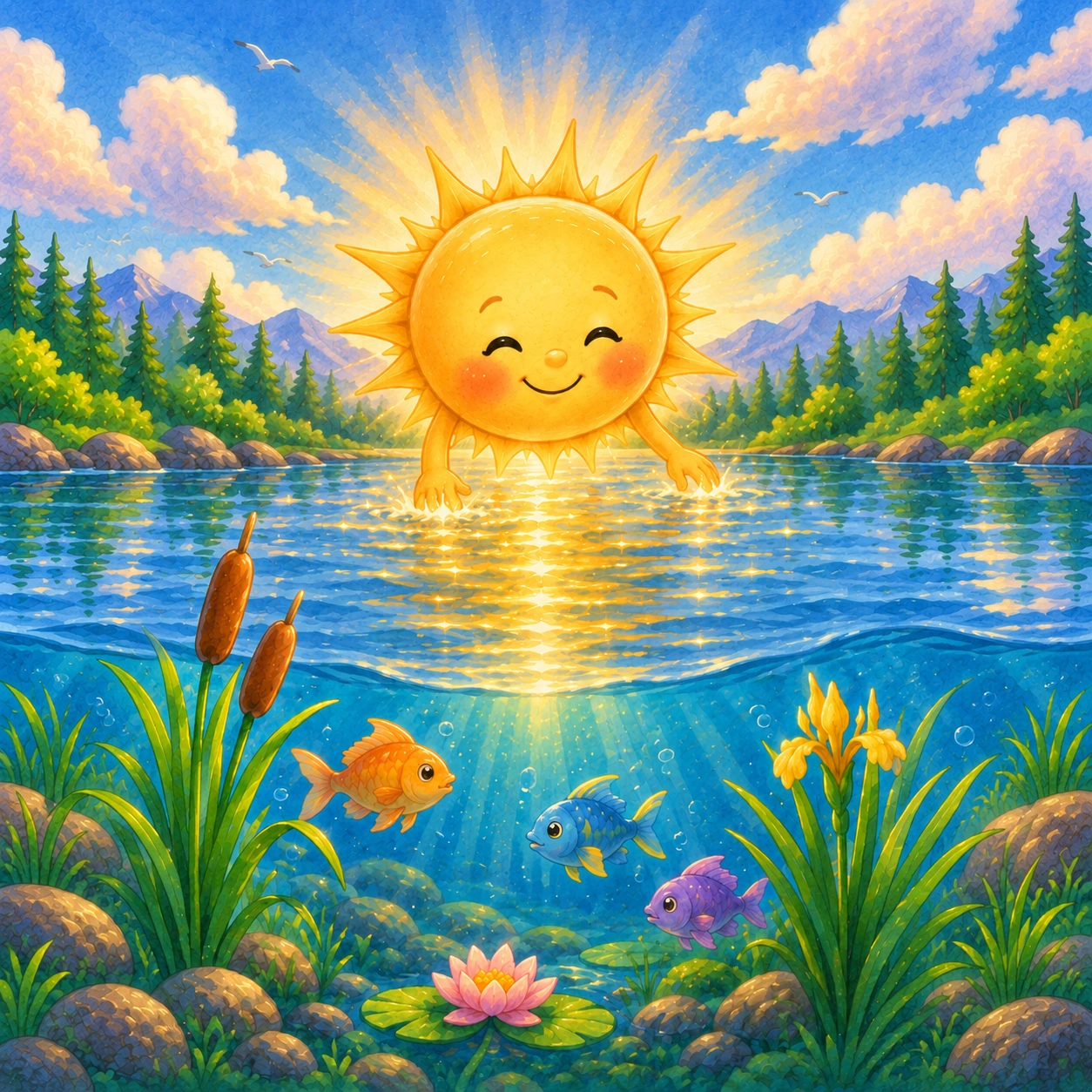 Originalillustration aus Kapitel 5: Sunny lässt den See funkeln; unter Wasser schwimmen ein goldener, ein blauer und ein violetter Fisch