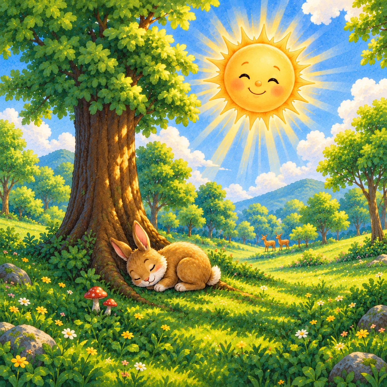 Originalillustration aus Kapitel 6: Unter einem großen grünen Baum schläft ein kleiner Hase; Sunny wacht über die Waldlichtung