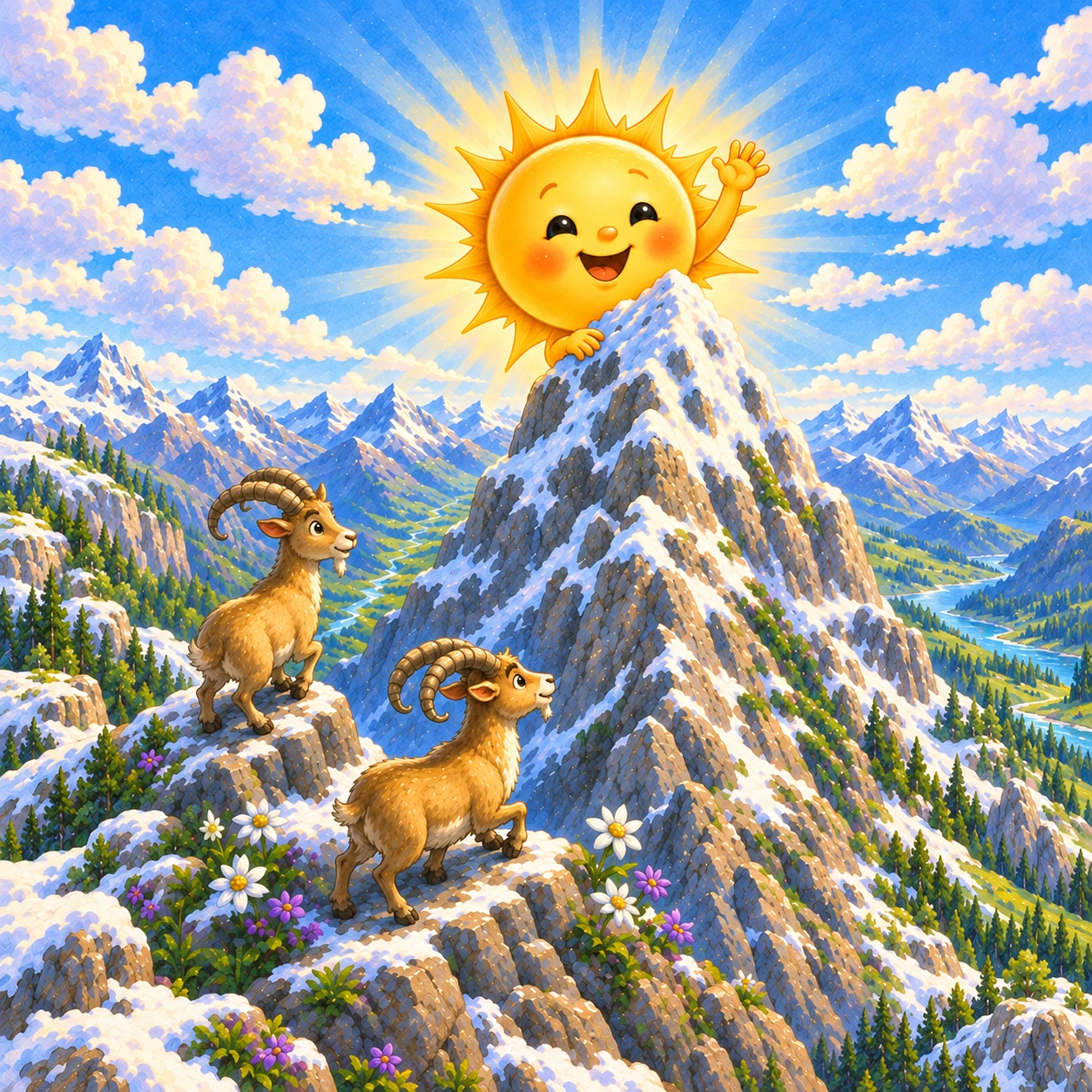 Originalillustration aus Kapitel 7: Sunny winkt über einem verschneiten Berggipfel; zwei Bergziegen stehen auf blumenbewachsenen Felsen